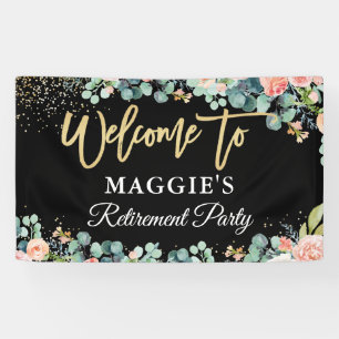 Chic Gold Glitter Coral Floral Retirement Party Banner