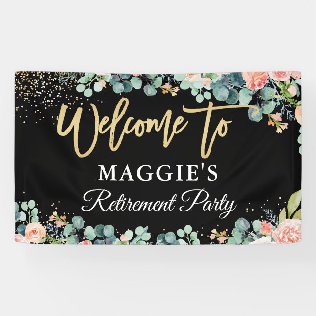 Chic Gold Glitter Coral Floral Retirement Party Banner (Horizontal)