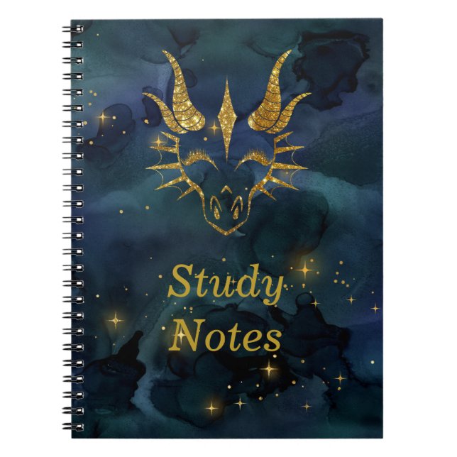 Chic Gold Glitter Dragon Head & Dark Blue Universe Notebook (Front)