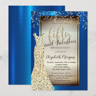 Chic Gold Glitter Dress,Confetti Royal Blue 50th Invitation