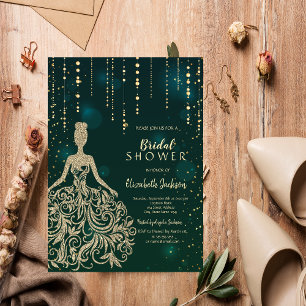 Chic Gold Glitter Dress Green Bridal Shower Invitation