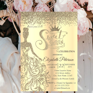 Chic Gold Glitter Dress,Tiara, Diamonds Sweet 16 Invitation