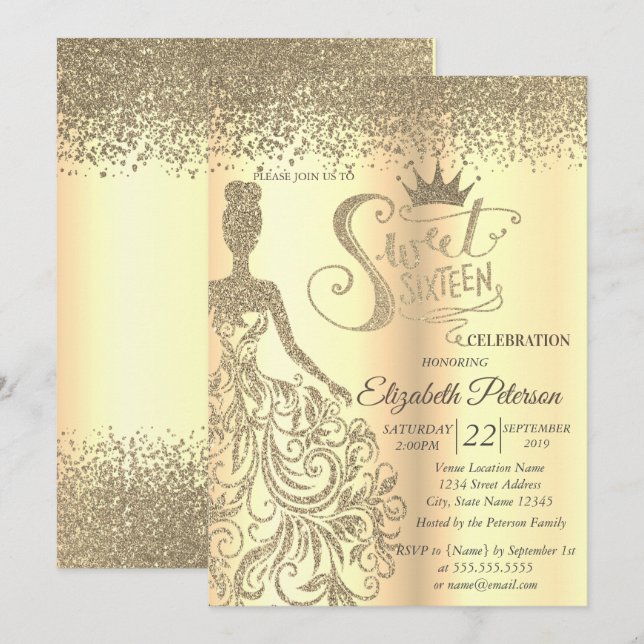 Chic Gold Glitter Dress,Tiara, Diamonds Sweet 16 Invitation (Front/Back)