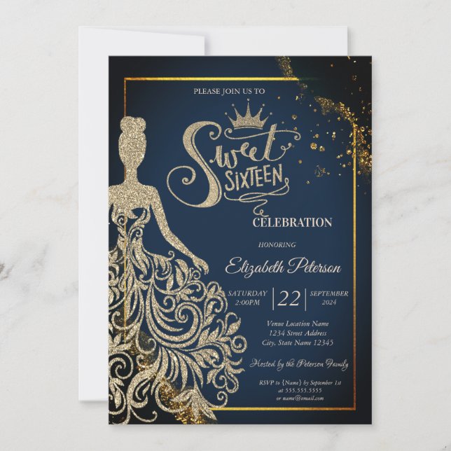 Chic Gold Glitter Dress,Tiara Navy Blue Sweet 16 Invitation (Front)