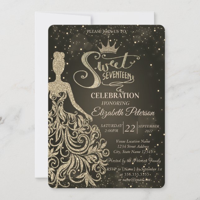 Chic Gold Glitter Dress,Tiara Quinceañera Invitation (Front)