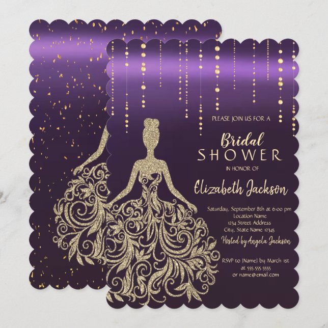 Chic Gold Glitter Dress Violet Bridal Shower  Invitation (Front/Back)