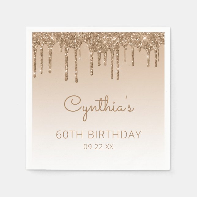 Chic Gold Glitter Drip 60th Birthday Party Napkin (Front)