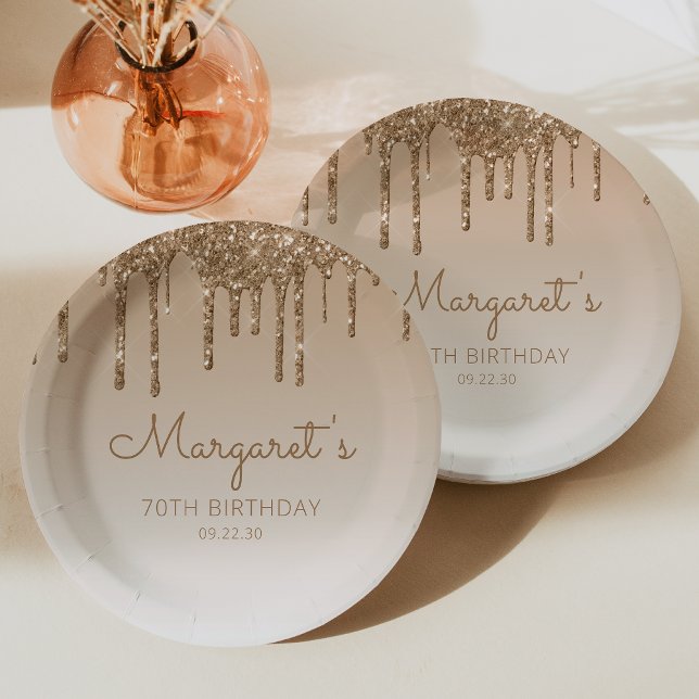 Chic Gold Glitter Drip 70th Birthday Party Paper Plate (Creator Uploaded)