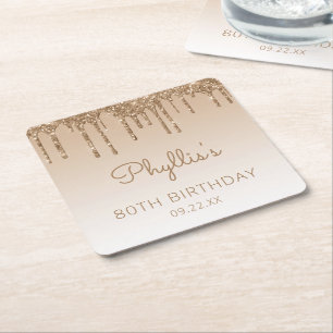 Chic Gold Glitter Drip 80th Birthday Party Square Paper Coaster