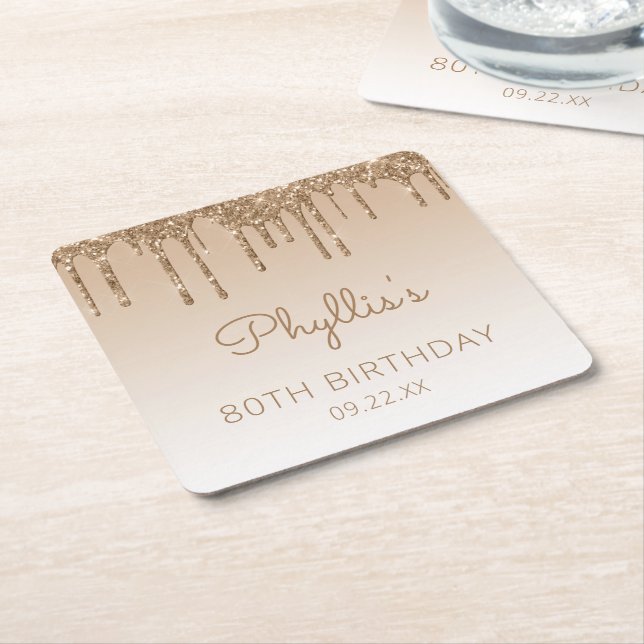 Chic Gold Glitter Drip 80th Birthday Party Square Paper Coaster (Angled)
