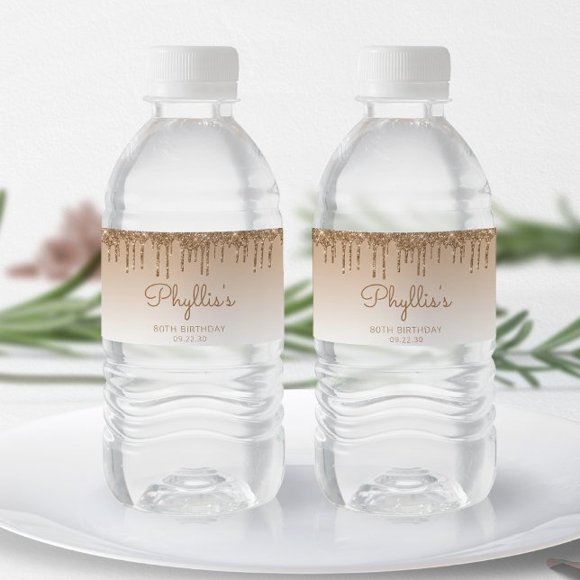 Chic Gold Glitter Drip 80th Birthday Party Water Bottle Label (Creator Uploaded)