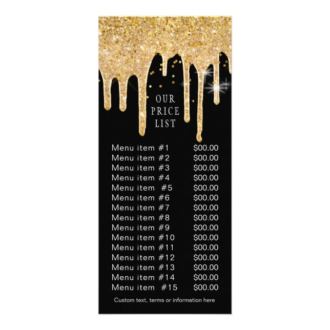 Chic Gold Glitter Drips Black Business Rate Card (Front)
