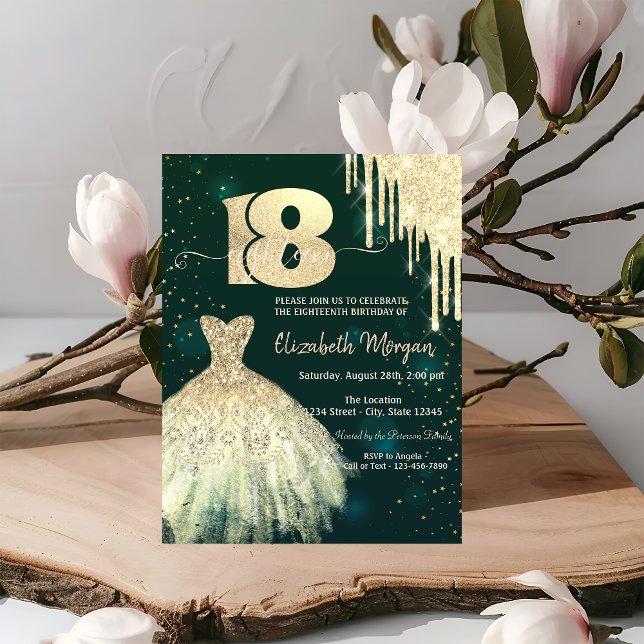 Chic Gold Glitter Drips Dress Green 18th Birthday Invitation (Creator Uploaded)