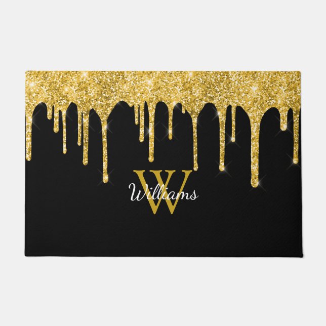 Chic Gold Glitter Drips Monogram Name Black Doormat (Front)