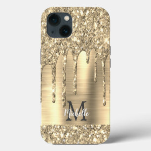 Chic Gold Glitter Drips Monogram Pink Metal iPhone 13 Case