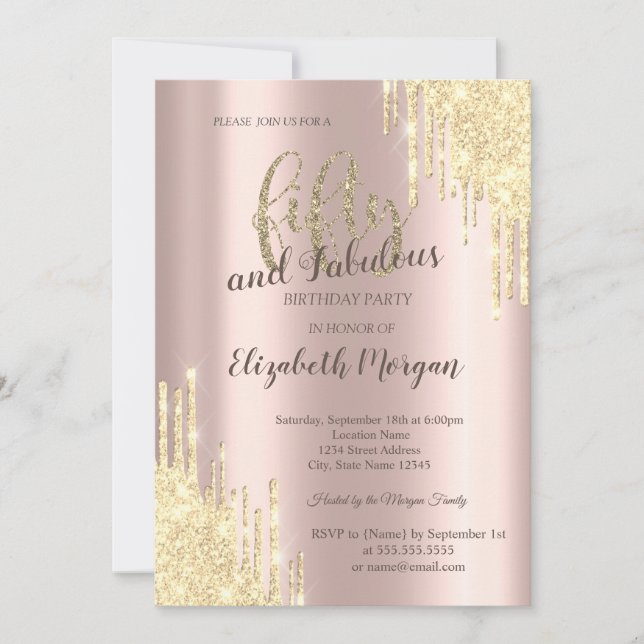 Chic Gold Glitter Drips Rose Gold 50th Birthday Invitation (Front)