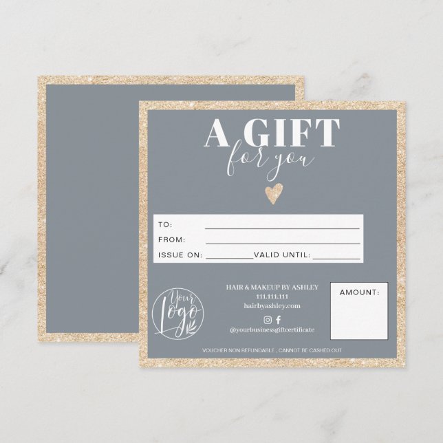 Chic gold glitter dusty blue gift certificate logo (Front/Back)