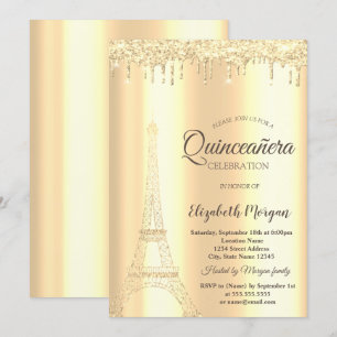 Chic Gold Glitter Eiffel Tower,Drips Quinceañera Invitation