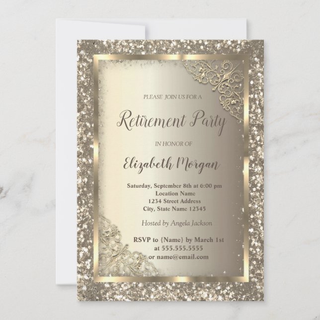 Chic Gold Glitter Floral Frame Retirement  Invitation (Front)