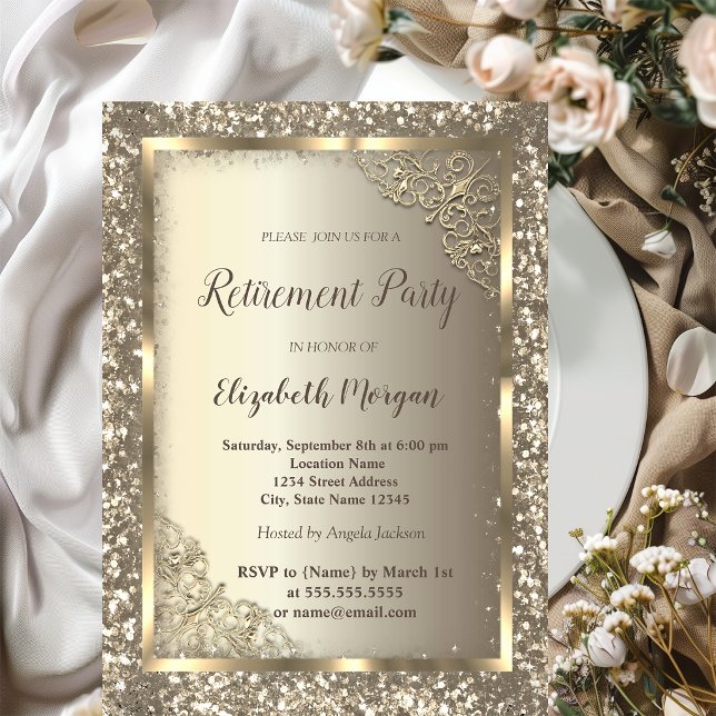 Chic Gold Glitter Floral Frame Retirement  Invitation (Creator Uploaded)