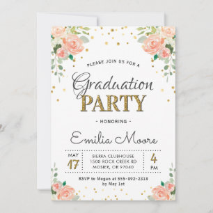 Chic Gold Glitter Floral Peony Graduation Party Invitation