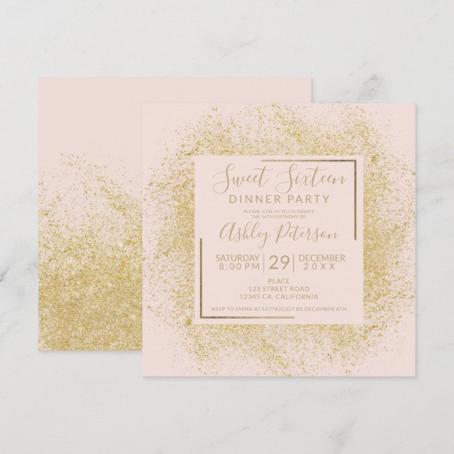 Chic gold glitter frame chic  blush pink sweet 16 invitation (Front/Back)