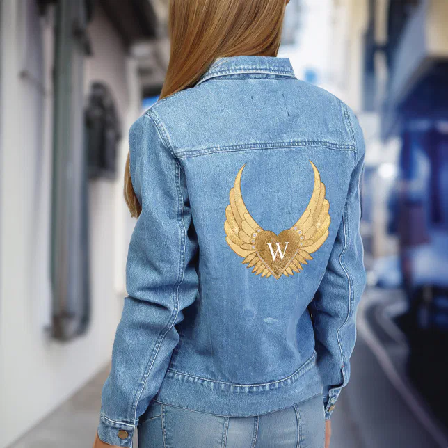 Chic Gold Glitter Gems Custom Monogram Angel Wings Denim Jacket - Main Image