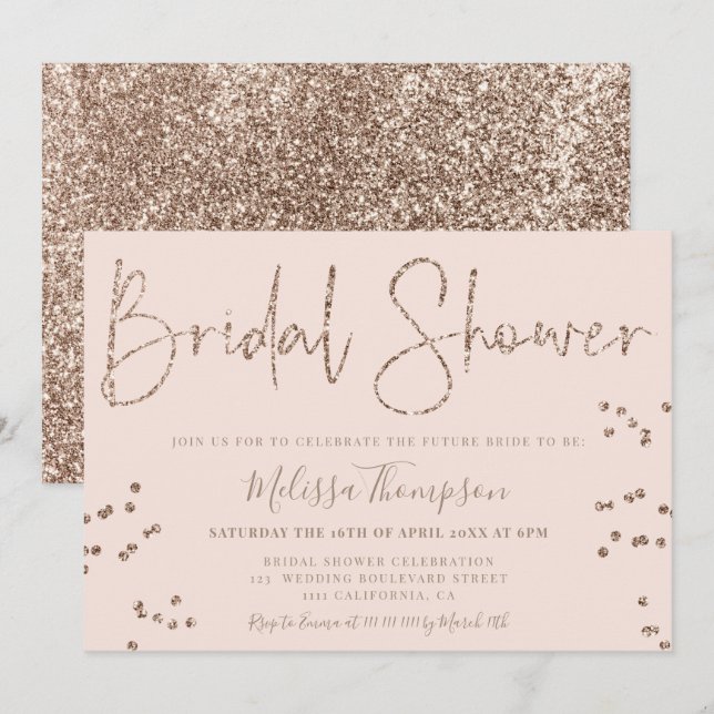 Chic gold glitter girly script black bridal shower invitation (Front/Back)