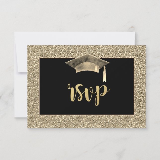 Chic Gold Glitter Grad Cap Graduation Party RSVP (Front)