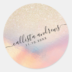 Chic Gold Glitter Iridescent Holographic Gradient Classic Round Sticker