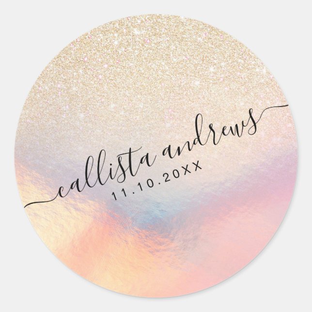 Chic Gold Glitter Iridescent Holographic Gradient Classic Round Sticker (Front)