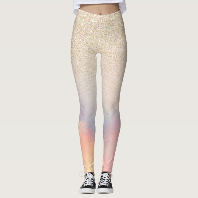 Chic Gold Glitter Iridescent Holographic Gradient Leggings (Front)