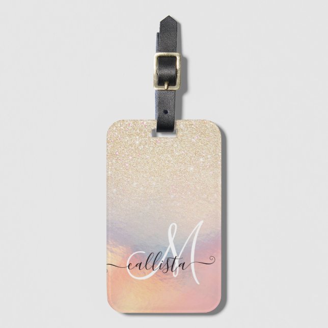 Chic Gold Glitter Iridescent Holographic Gradient Luggage Tag (Front Vertical)