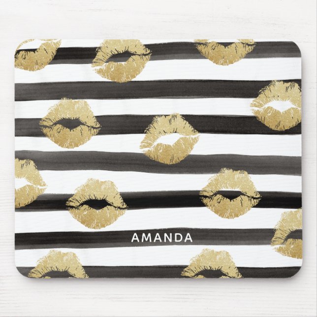 Chic Gold Glitter Lips & Black Stripes Monogram Mouse Mat (Front)