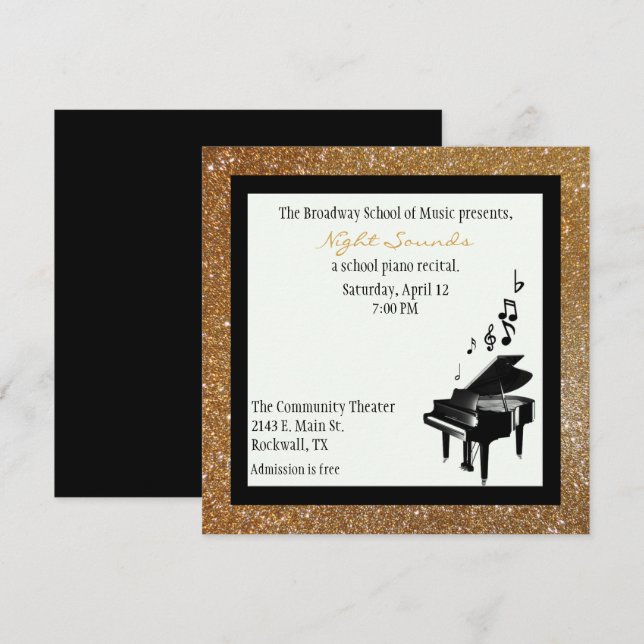 Chic Gold Glitter Look Piano Recital Invitation (Front/Back)