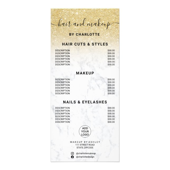 Chic gold glitter marble hair makeup price rack card (Front)