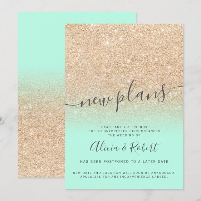 Chic gold glitter mint green postponed new plans invitation (Front/Back)