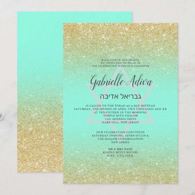 Chic gold glitter mint teal script Bat Mitzvah Invitation (Front/Back)