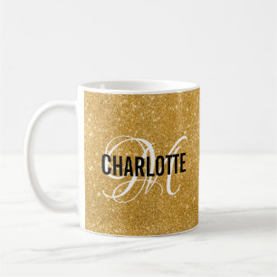 Chic gold glitter monogram name coffee mug