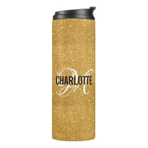 Chic gold glitter monogram name thermal tumbler
