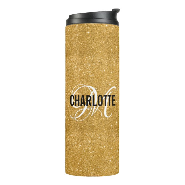 Chic gold glitter monogram name thermal tumbler (Rotated Left)