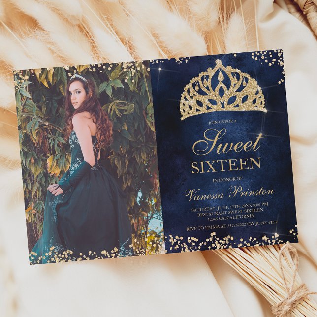 Chic gold glitter navy blue photo tiara Sweet 16 Invitation (Creator Uploaded)