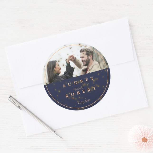 Chic Gold Glitter Navy Blue Photo Wedding Classic Round Sticker (Envelope)