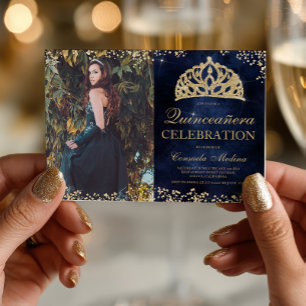 Chic gold glitter navy photo tiara Quinceañera Invitation