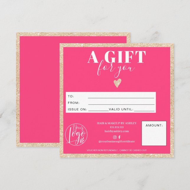 Chic gold glitter neon pink gift certificate logo (Front/Back)