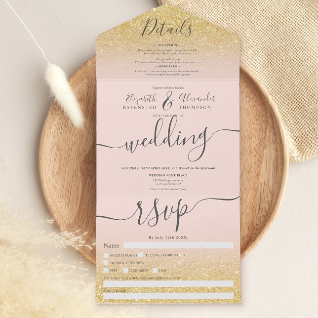 Chic gold glitter ombre blush pink script wedding all in one invitation (Creator Uploaded)