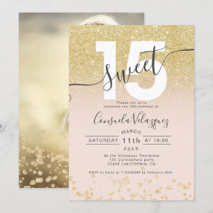 Chic gold glitter ombre blush Quinceanera photo Invitation