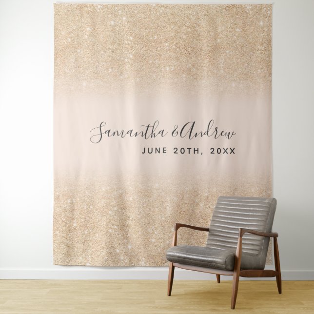 Chic gold glitter ombre blush wedding backdrop tapestry (In Situ)
