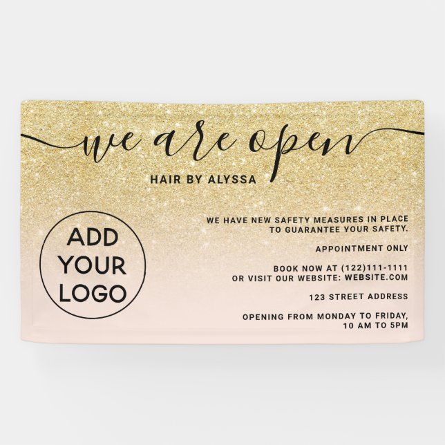 Chic gold glitter ombre logo blush pink We're open Banner (Horizontal)