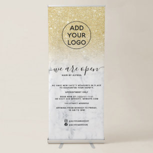 Chic gold glitter ombre logo marble We're open Retractable Banner